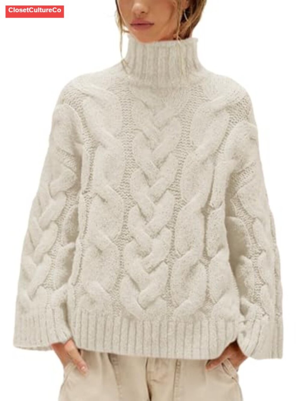 Chunky Cable Knit Turtleneck Sweater Oversized Fall Pullover - Picture 1 of 6